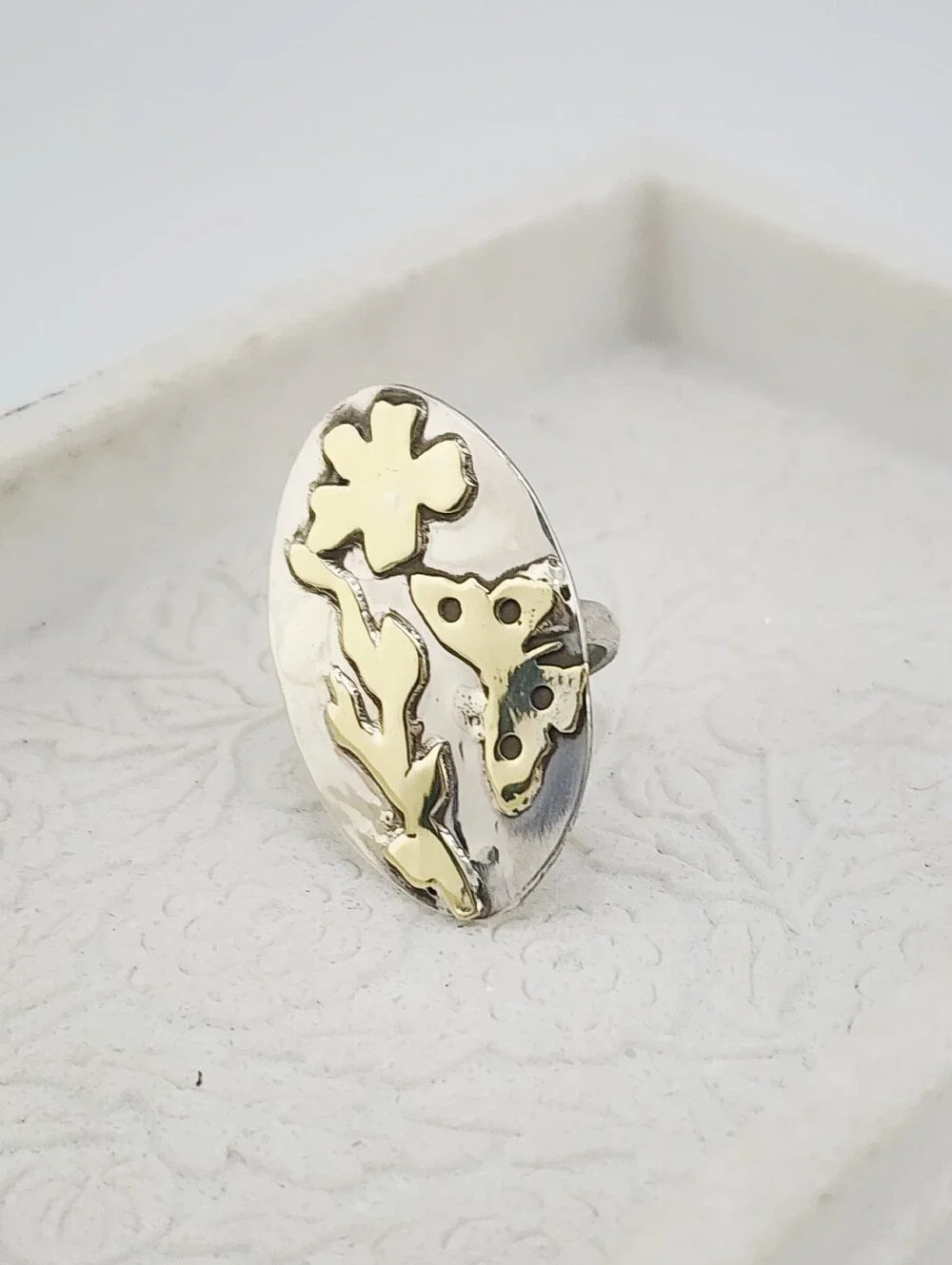 STERLING SILVER & BRASS BOTANICAL HANDMADE RING MIX METAL DESIGN SIZE 7
